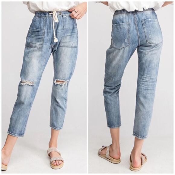 EASEL Distressed Boyfriend Jeans Drawstring Pull-On Elastic Waist Size M EB40105 - Picture 1 of 8